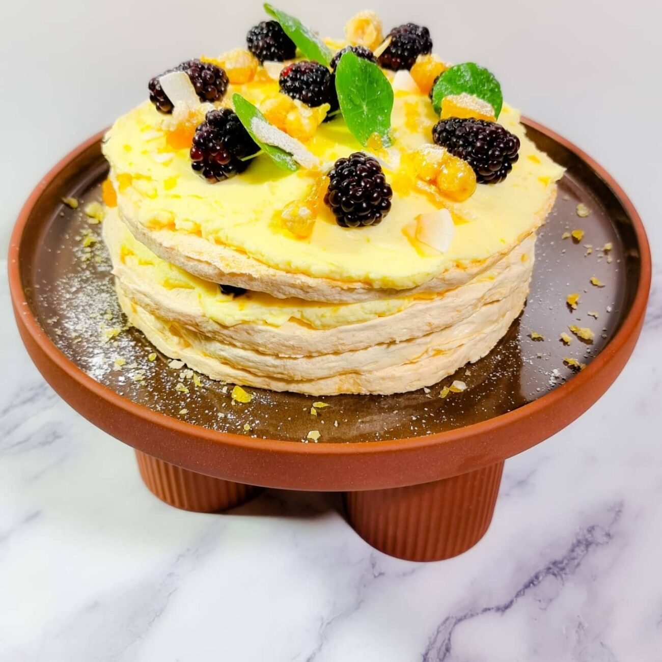 Blackberries, Coconut & Hazelnuts Meringue Stack