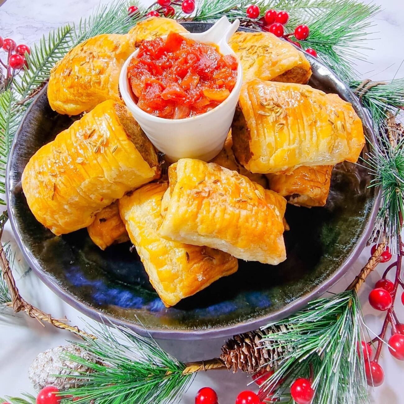 Spiced Lamb Sausage Roll served with Tomato Chutney